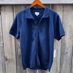 Precedent Los Angeles Navy Casual Men's Button-Down Short Sleeve Sweater Medium